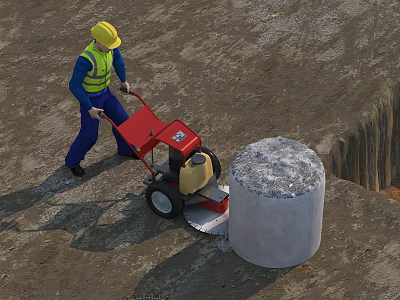 Concrete Column Cutting By Construction Worker With Red Cutting Machine On Site 3d model