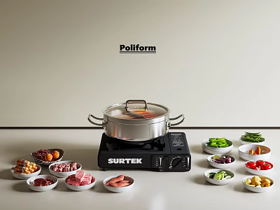 Fresh Food Ingredients in White Bowls with Surtek Gas Stove and Stainless Steel Pot 3d model