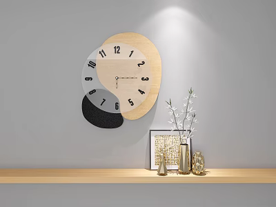 Modern Wall Clock Design on Gray Wall with Wooden Shelf and Decorative Vase Plants 3d model