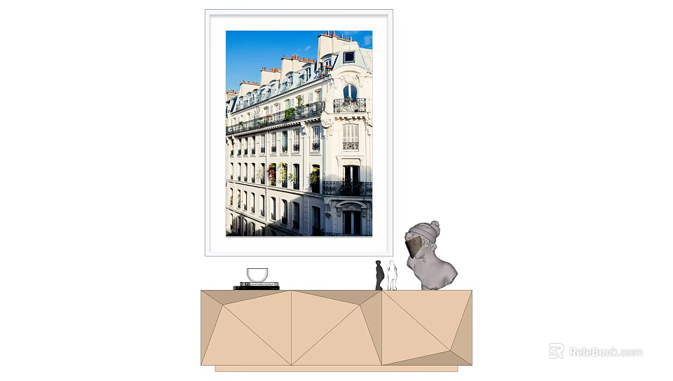 Scenic Landscape Painting of White European Building With Balconies and Blue Sky Hanging on Wall 3d model 