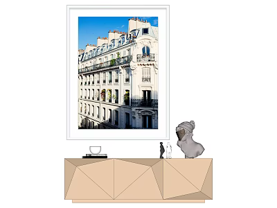 Scenic Landscape Painting of White European Building With Balconies and Blue Sky Hanging on Wall 3d model