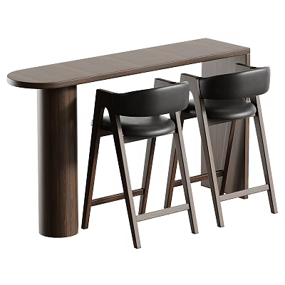 Modern Minimalist Solid Wood Bar Table Set With Two Leather Upholstered Bar Stools 3d model