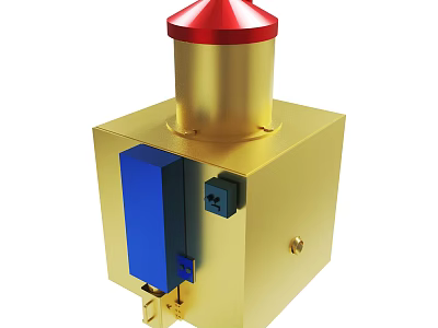 Golden Square Device With Red Cone Top And Blue Side Panel Design 3d model