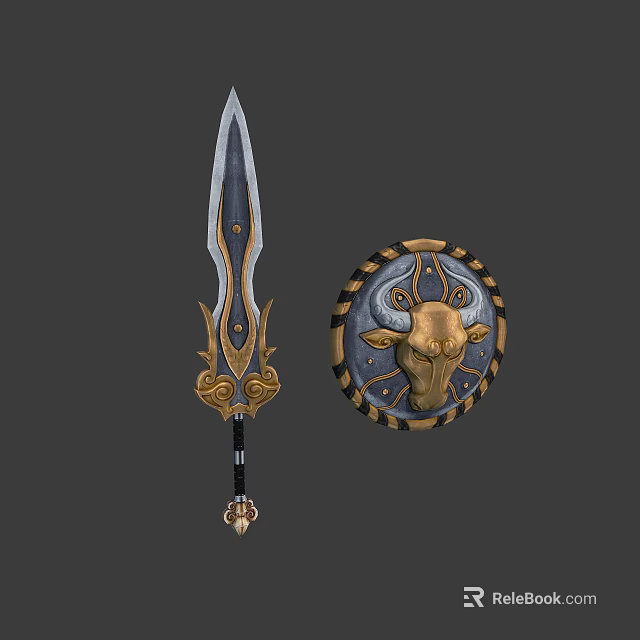 Decorative Medieval Weapon Set With Ornate Sword And Bull Head Shield Design 3d model