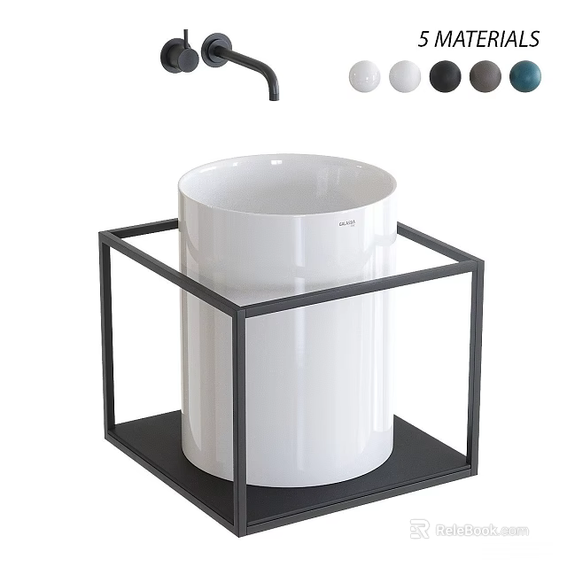 Modern White Ceramic Wash Basin With Black Metal Frame Stand 3d model 