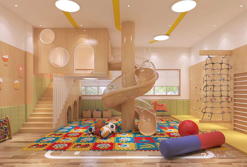 Kindergarten Indoor Play Space With Spiral Slide Climbing Frame And Colorful Play Mat 3d model 