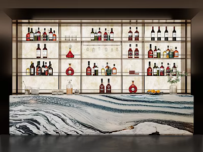 Modern Wine Cabinet Displaying Various Wine Bottles With Marble Countertop And Decorative Items 3d model