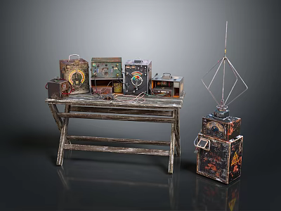 Vintage Wooden Dining Table With Old Radio Boxes And Decorative Items 3d model