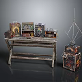 Vintage Wooden Dining Table With Old Radio Boxes And Decorative Items
