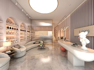 Luxury Beauty Hair Salon Interior With Sofa Display Shelves Round Pendant Light And Marble Floor 3d model
