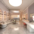 Luxury Beauty Hair Salon Interior With Sofa Display Shelves Round Pendant Light And Marble Floor