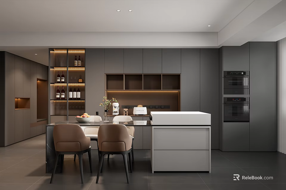 Modern Open Restaurant Interior Design With Gray Cabinets Dining Table And Chairs 3d model