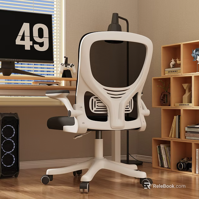 White and Black Mesh Back Office Chair in Home Office with Desk and Bookshelf 3d model 