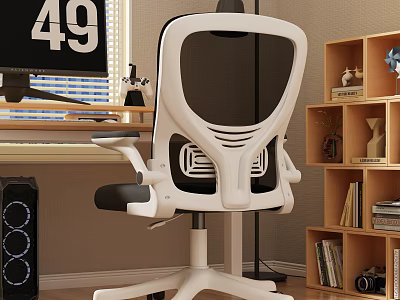 White and Black Mesh Back Office Chair in Home Office with Desk and Bookshelf 3d model