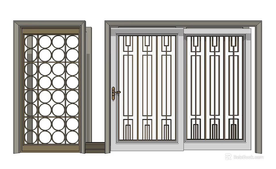 Sliding Doors With Circular And Vertical Patterns And Metal Frames 3d model