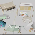 Camping Furniture Setup With Various Tents Camper Van Circular Sofa And String Lights