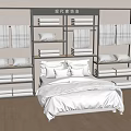 Modern Furniture Store Bedroom Display With Bed Pillows Blankets And Linen Shelves