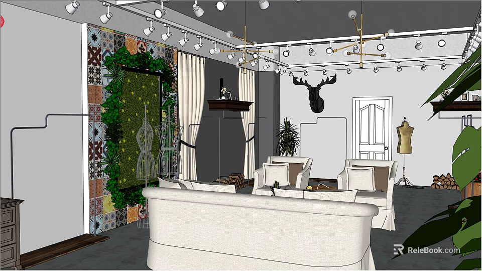 Modern Living Room Interior With White Sofa Decorative Wall Chandelier And Deer Head Decor 3d model 