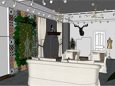 Modern Living Room Interior With White Sofa Decorative Wall Chandelier And Deer Head Decor 3d model