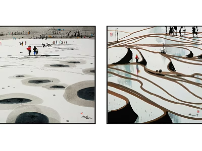 Open Space Landscape Painting With Circular Depressions And Terraced Ridges People Exploring 3d model
