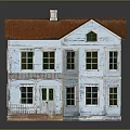 Cartoon Style Blue Two Story House with Red Roof Multiple Windows and Porch Steps