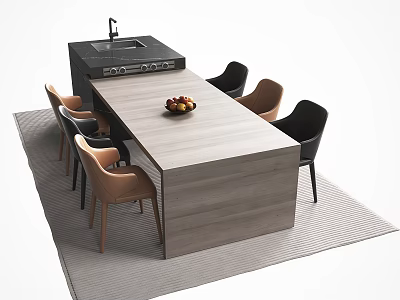 Modern Wooden Dining Table Set with Black Beige Chairs and Fruit Bowl on Light Rug 3d model