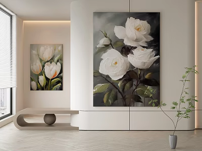 Modern Living Room With White Flower Plant Paintings On Walls 3d model
