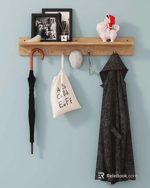 Wooden Wall Hook Rack With Umbrella Canvas Bag Cap Keys And Coat 3d model 