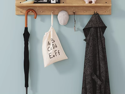Wooden Wall Hook Rack With Umbrella Canvas Bag Cap Keys And Coat 3d model