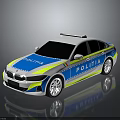 Modern White And Blue Police Sedan With Yellow Stripes And Roof Emergency Lights