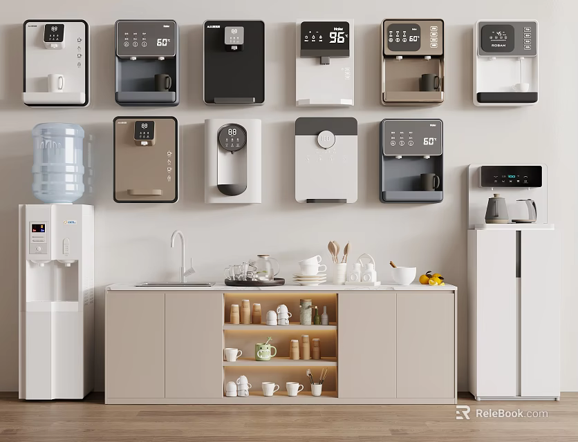 Household Appliances Wall Mounted Standing Water Dispensers Refrigerator Coffee Maker In Kitchen 3d model 