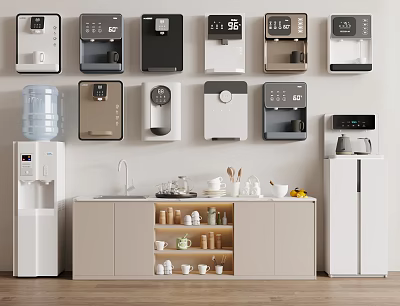 Household Appliances Wall Mounted Standing Water Dispensers Refrigerator Coffee Maker In Kitchen 3d model