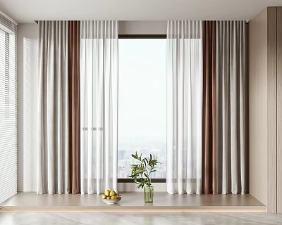 White And Brown Curtains In Modern Interior Large Window With City View And Green Plant 3d model