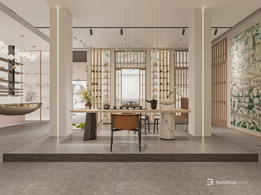 Modern Elegant Interior Space With Wooden Partitions Long Table Chairs Hanging Lights And Decorative Wall 3d model 