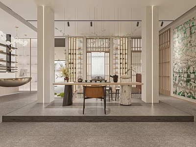 Modern Elegant Interior Space With Wooden Partitions Long Table Chairs Hanging Lights And Decorative Wall 3d model