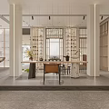 Modern Elegant Interior Space With Wooden Partitions Long Table Chairs Hanging Lights And Decorative Wall