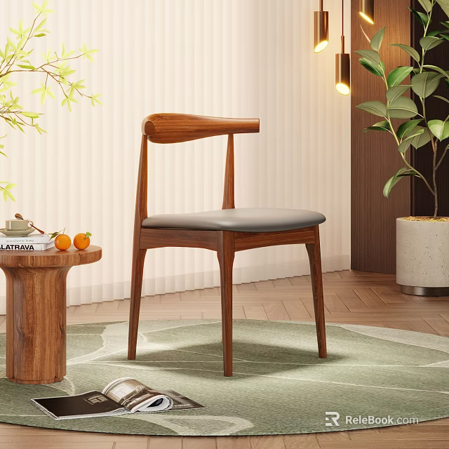 Elegant Wooden Dining Chair With Curved Backrest Leather Seat Cushion Side Table And Green Plant 3d model 