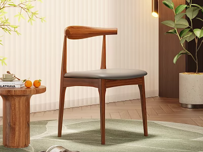 Elegant Wooden Dining Chair With Curved Backrest Leather Seat Cushion Side Table And Green Plant 3d model