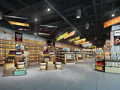Modern Supermarket Interior With Shelves Filled With Various Products And Hanging Signs 3d model