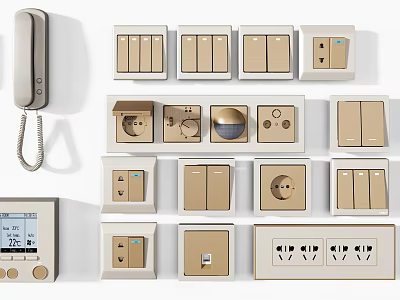 Various Beige Switch Panels Including Double Triple Switches Socket Outlets Telephone Panel And Thermostat 3d model