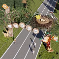 Forest Zoo Garden Landscape With Animal Decorations Trees Path And People Walking
