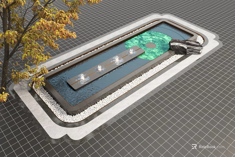 Serene Courtyard Garden With Rectangular Pool Fountains Green Plants Black Stone And Yellow Leaf Tree 3d model 