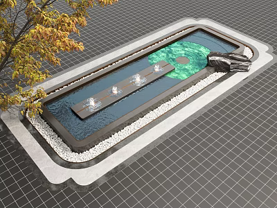 Serene Courtyard Garden With Rectangular Pool Fountains Green Plants Black Stone And Yellow Leaf Tree 3d model