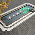 Serene Courtyard Garden With Rectangular Pool Fountains Green Plants Black Stone And Yellow Leaf Tree