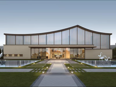 Modern Building With Curved Roof Wooden Lattice Entrance Pool Lawn And Stone Pathway 3d model