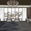 Hotel Public Lounge Area Featuring Elegant Chandelier Comfortable Sofas And Decorative Screen 3d model