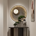 Chinese Style Console Table With Circular Decorative Panel Pine Tree And Stone Vase 3d model