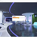 Modern Exhibition Hall Interior With Curved Purple Lines White Displays And Screens