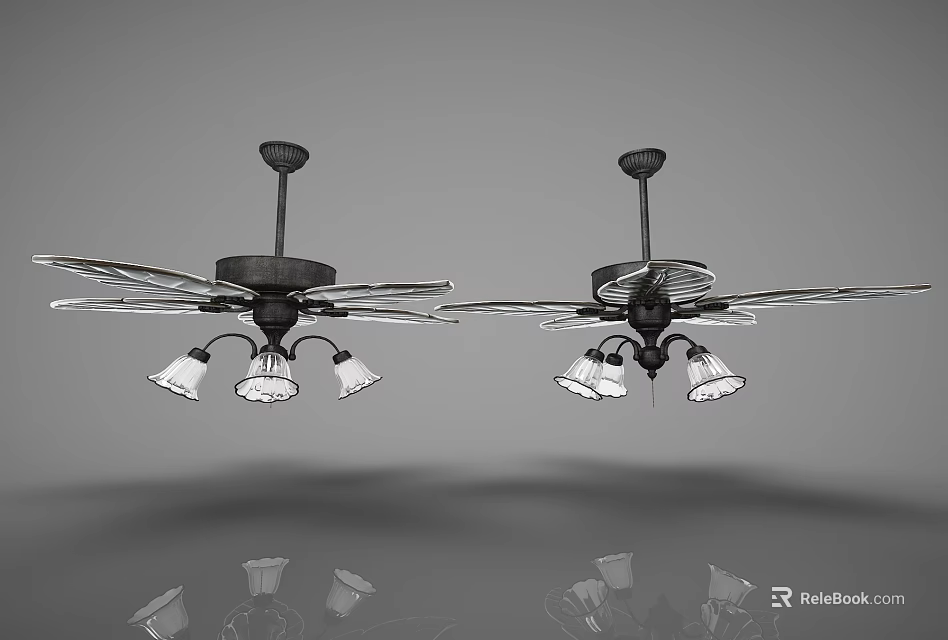 Two Black Air Conditioning Ceiling Fans With Multiple Blades And Lights 3d model 