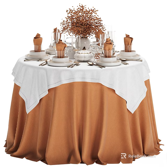 Tableware Set with Plates Cups and Folded Napkins on Dining Table with White Brown Tablecloths 3d model 